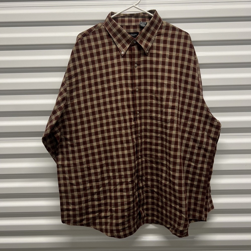 Van Heusen Shirt XXL Mens Maroon Tan Plaid Long Sleeve Button Down Collar — photo 3